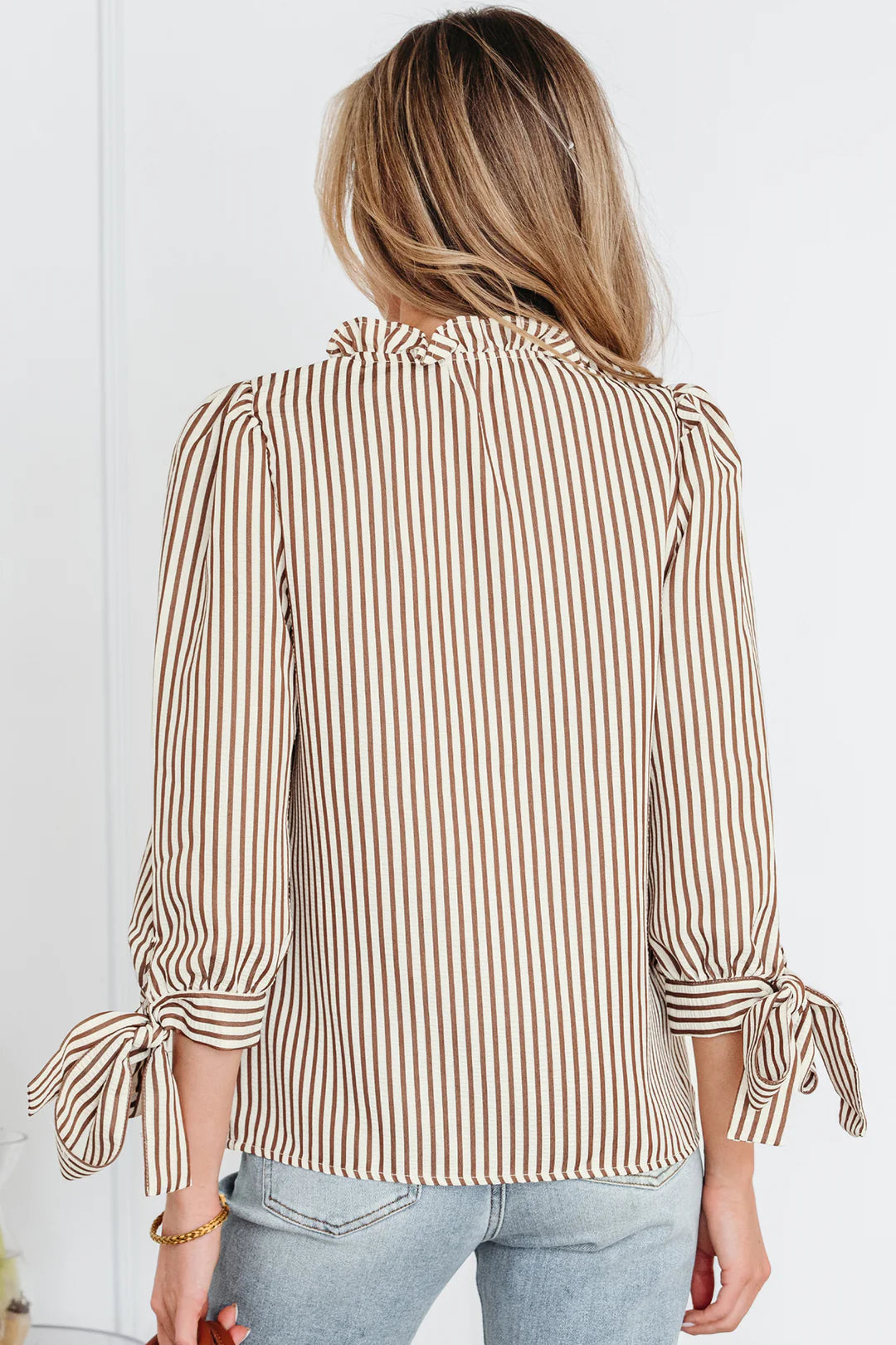 Coffee Striped Tie Cuff Split Neck Blouse