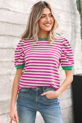 Rose Stripe Short Puff Sleeve Round Neck Tee