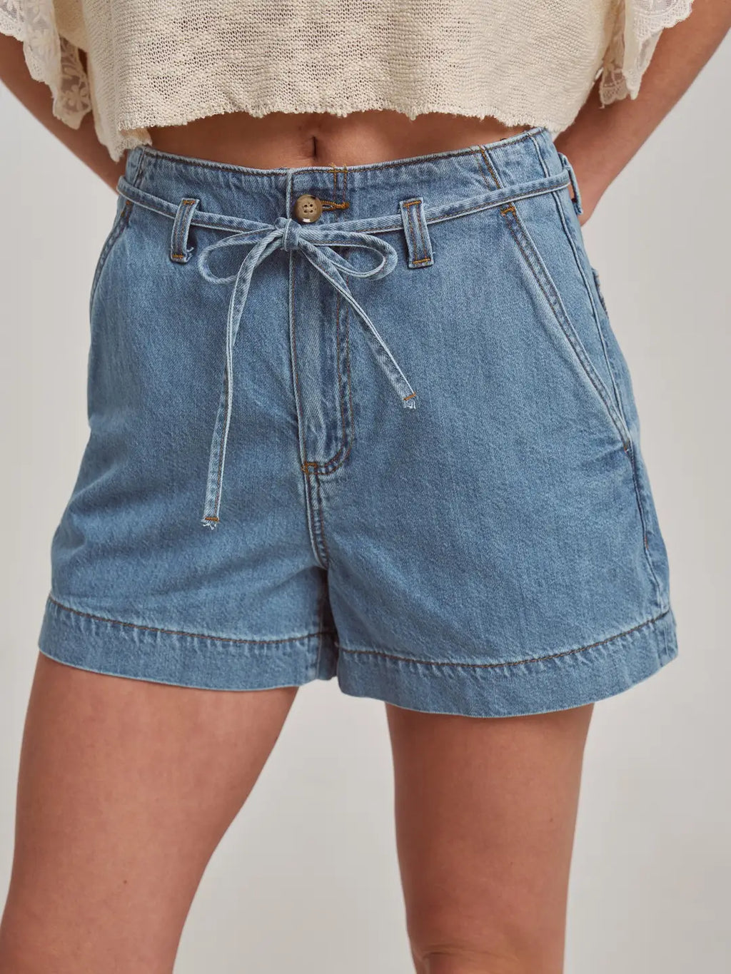 High Rise Denim Shorts with Strap Tie at the Waistband
