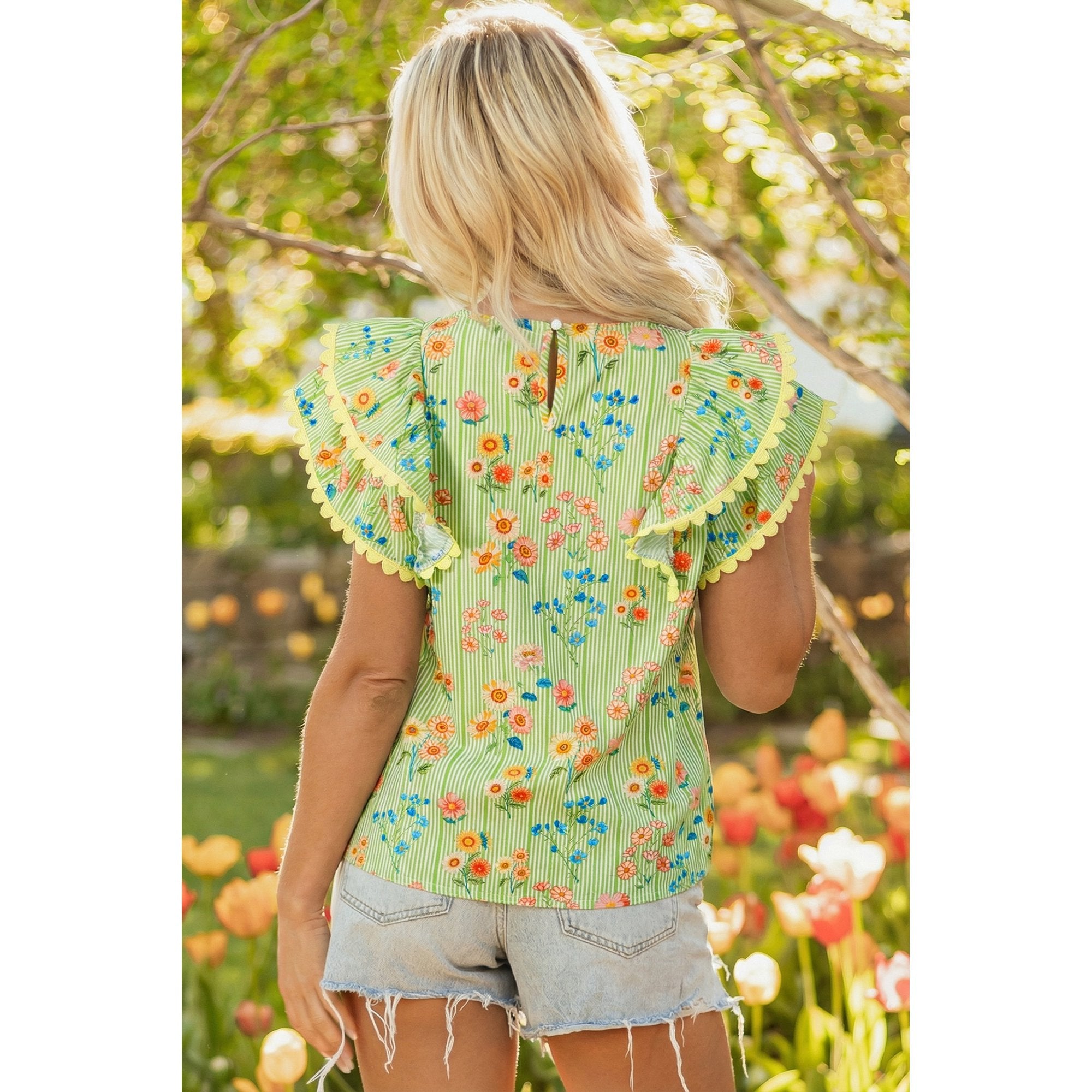 Green Floral Print Scalloped Ruffle S/S
