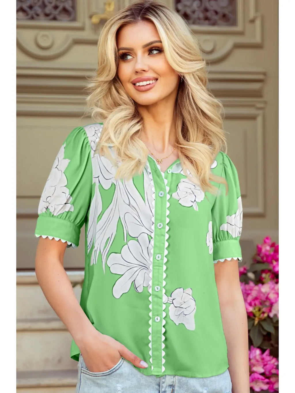 Floral Ric Rac Puff Sleeve Shirt