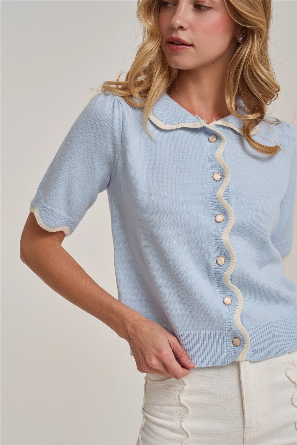Scalloped Button Front Cardigan With Peter Pan Collar