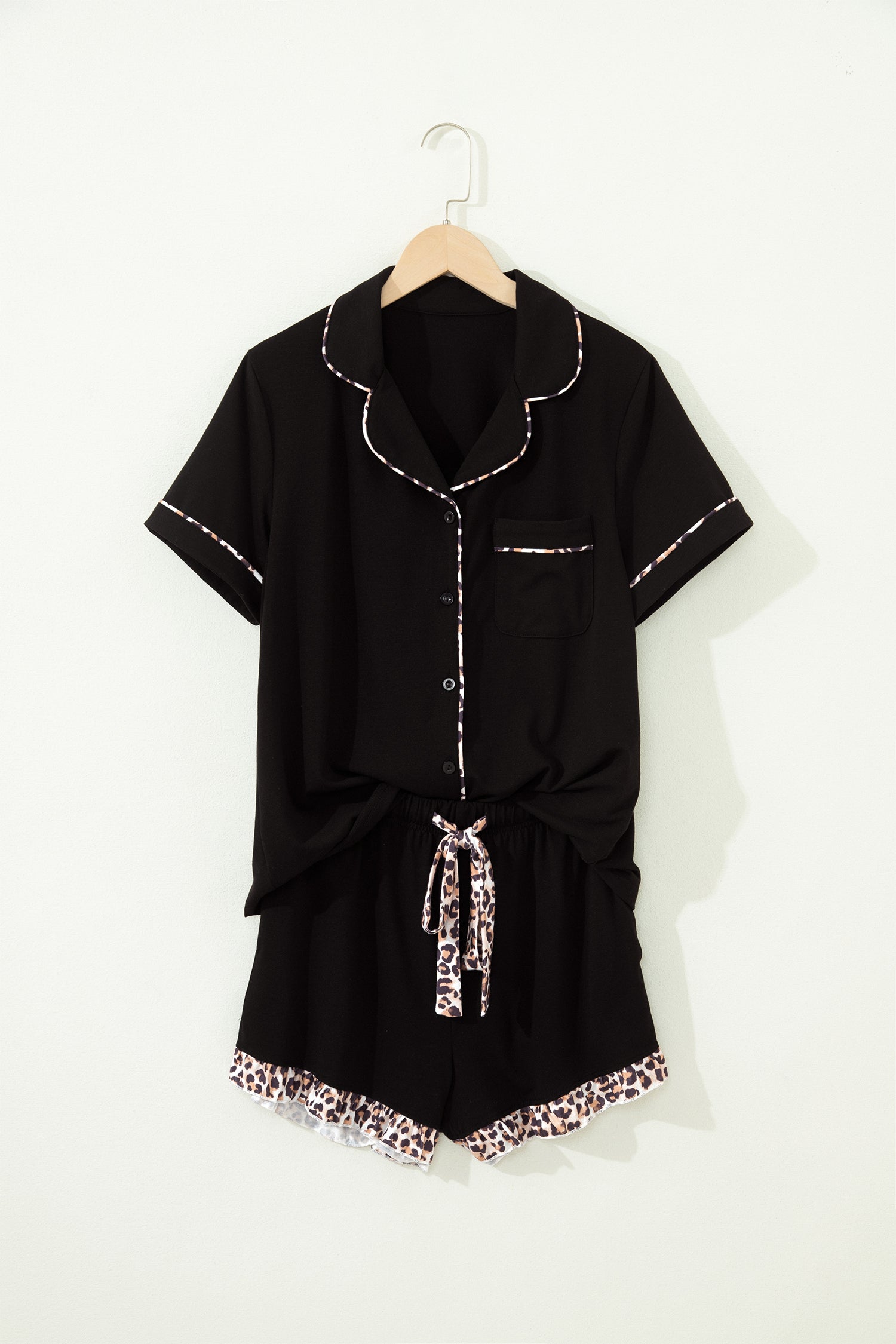 Patchwork Pajama Short Set Black Leopard