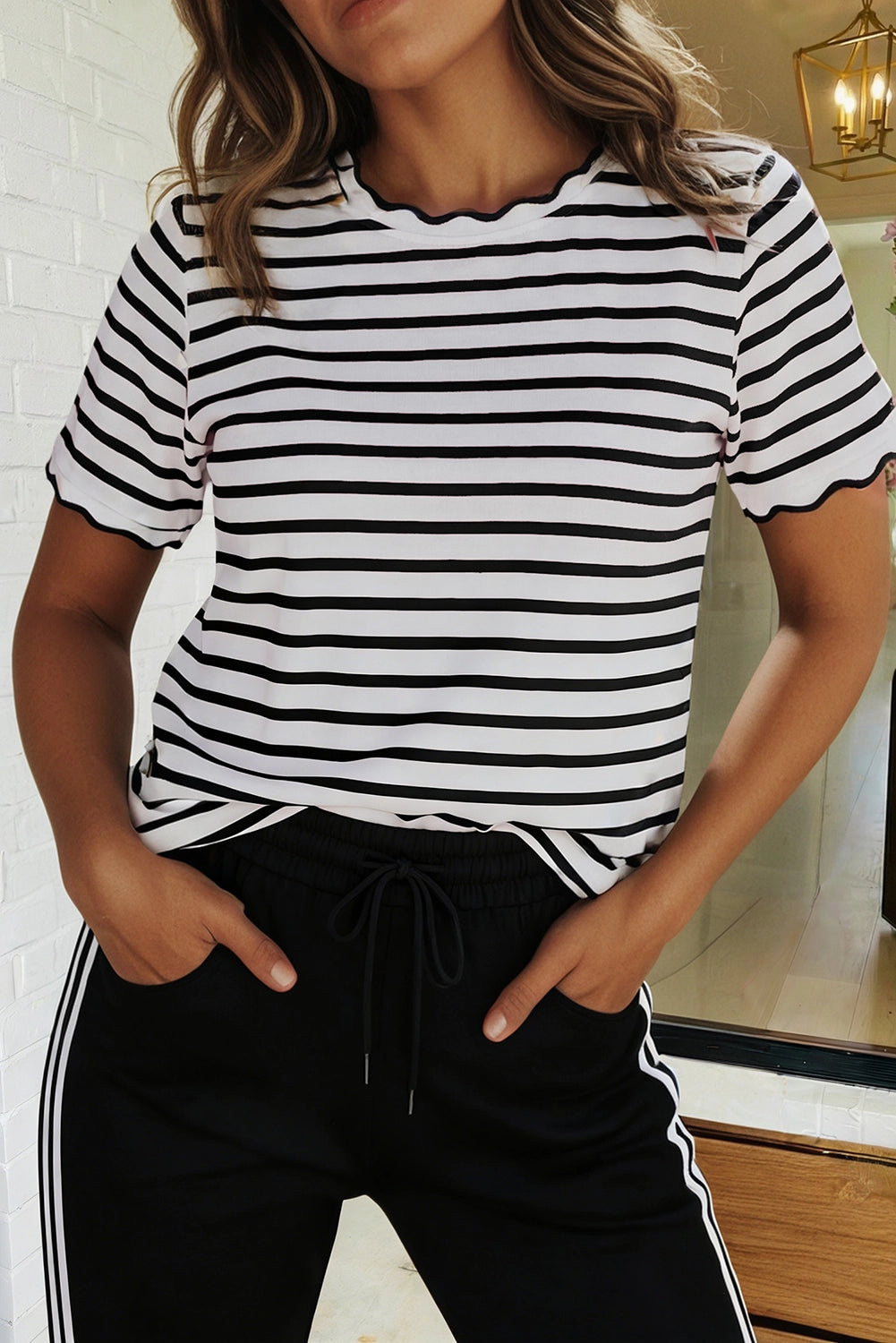 Stripe Scalloped Trim Round Neck T-Shirt