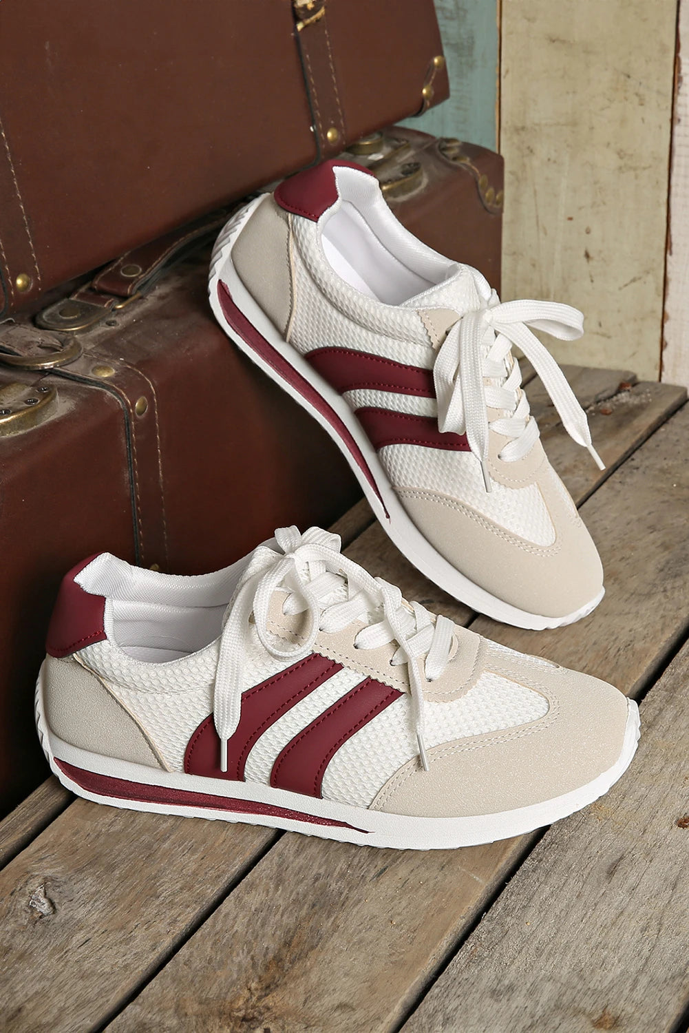 White Color Block Breathable Lace-Up Sneakers