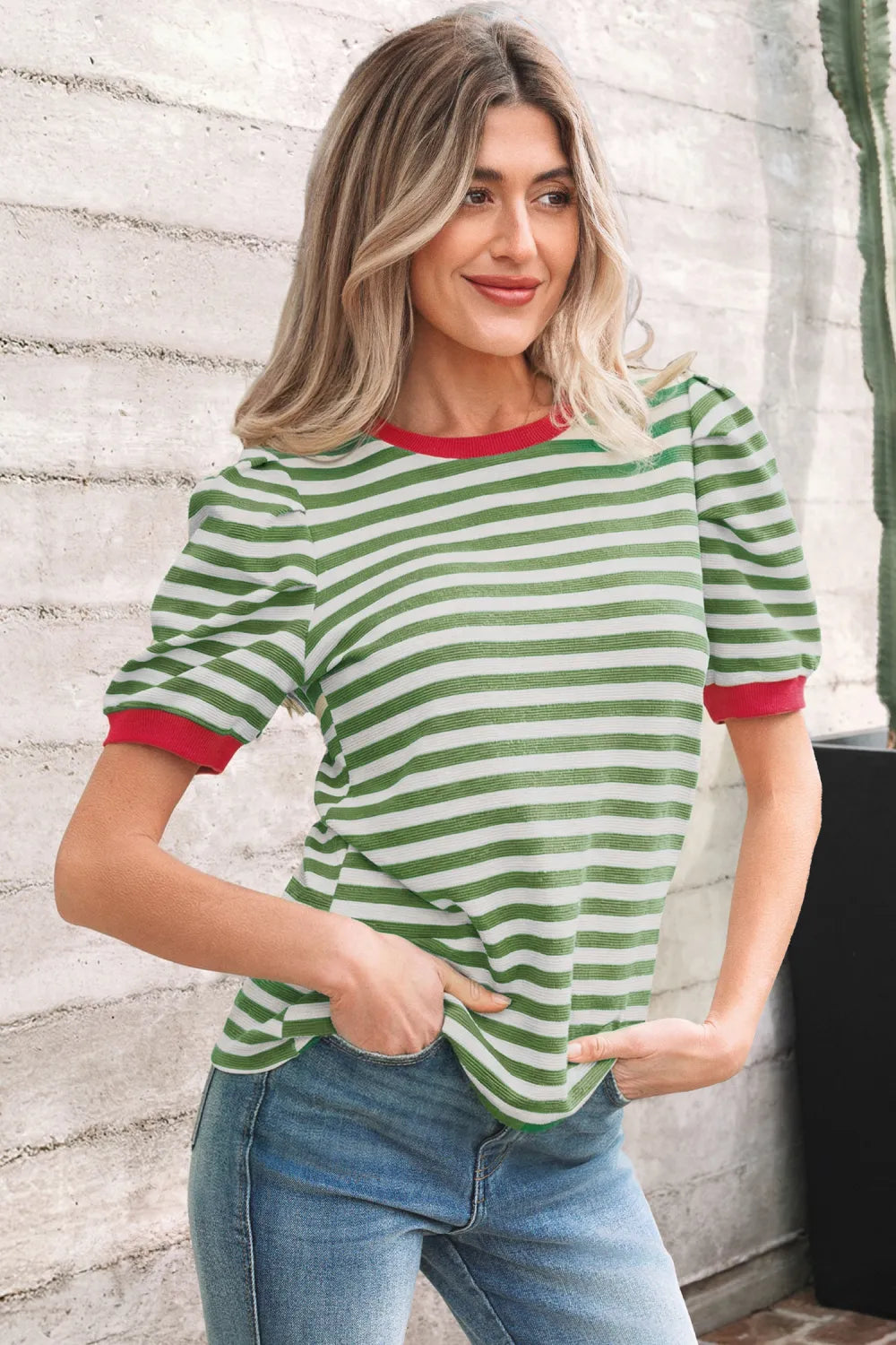 Green Stripe Short Puff Sleeve Round Neck Tee