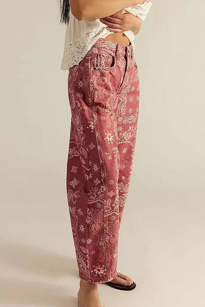 Vintage Paisley Print Jeans - Red
