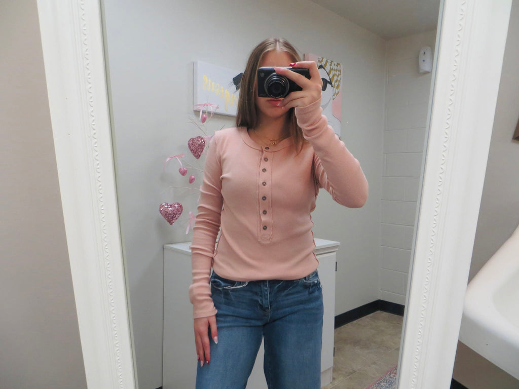 Ribbed Henley Long Sleeve Top