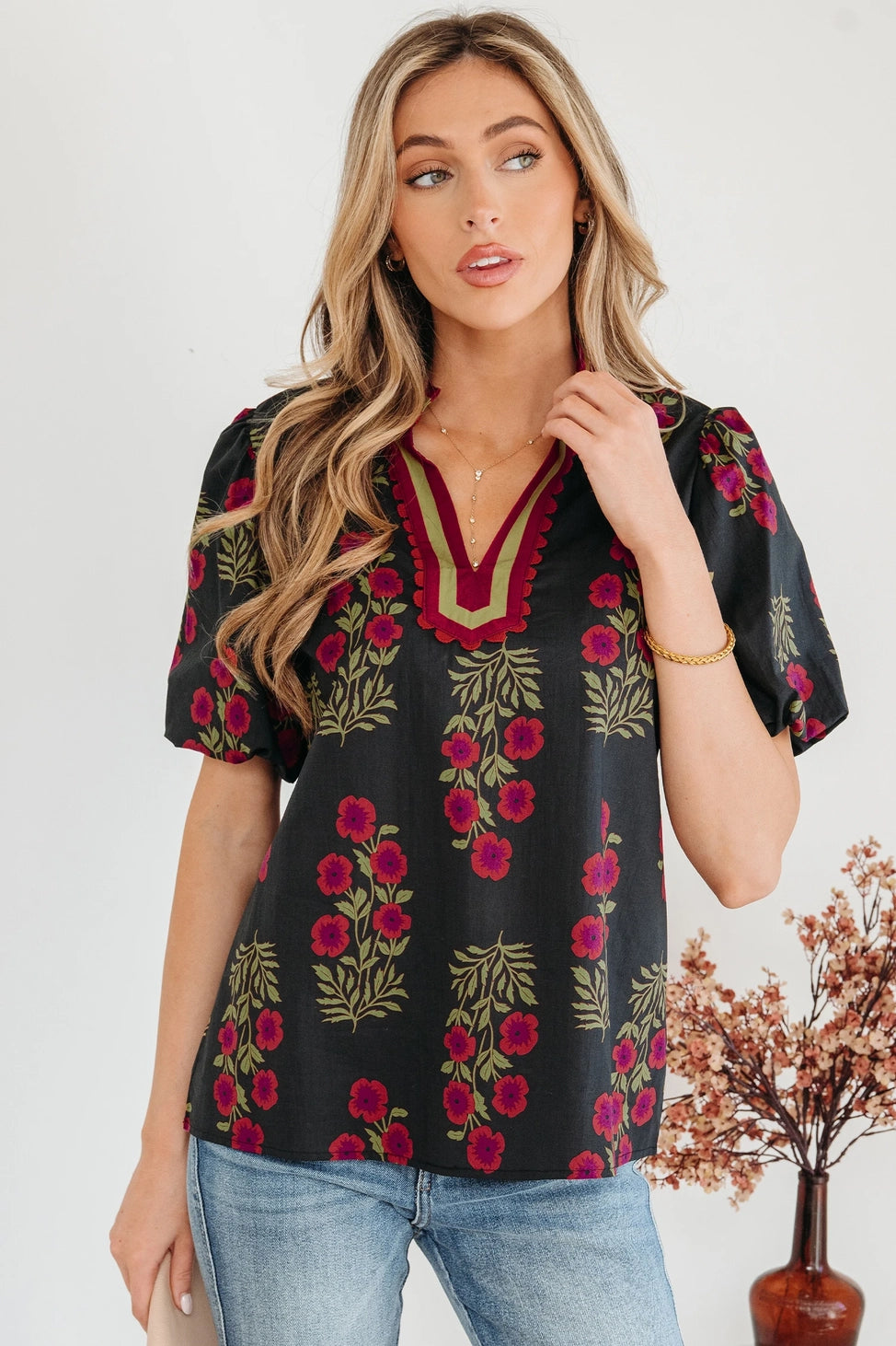 Black Floral Short Bubble Sleeve Contrast Slit Neckline
