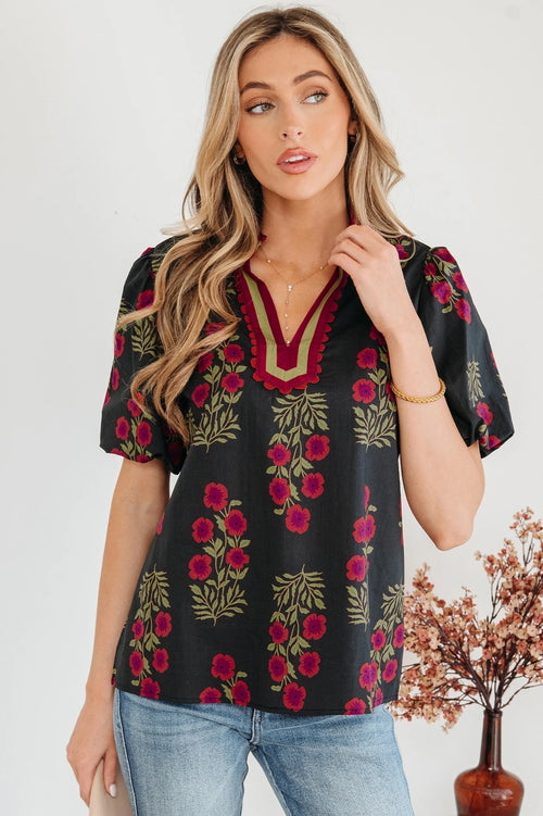 Black Floral Short Bubble Sleeve Contrast Slit Neckline