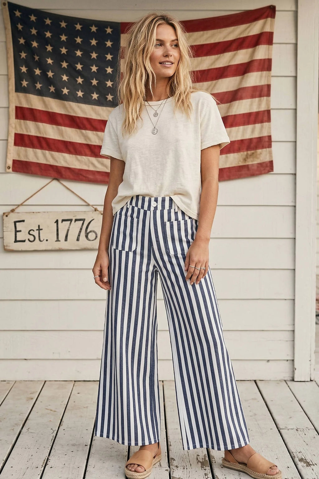 Striped Non-Stretch Wide Leg Denim Pants