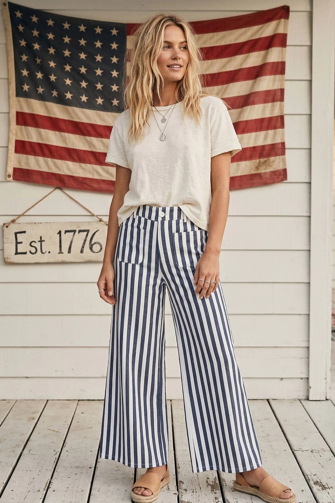 Striped Non-Stretch Wide Leg Denim Pants