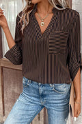 Brown Stripe V Neck Roll Up Sleeve Pocket Shirt