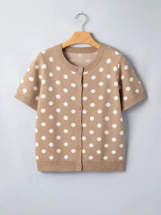 Khaki Polka Dot S/S Button Down Cardigan