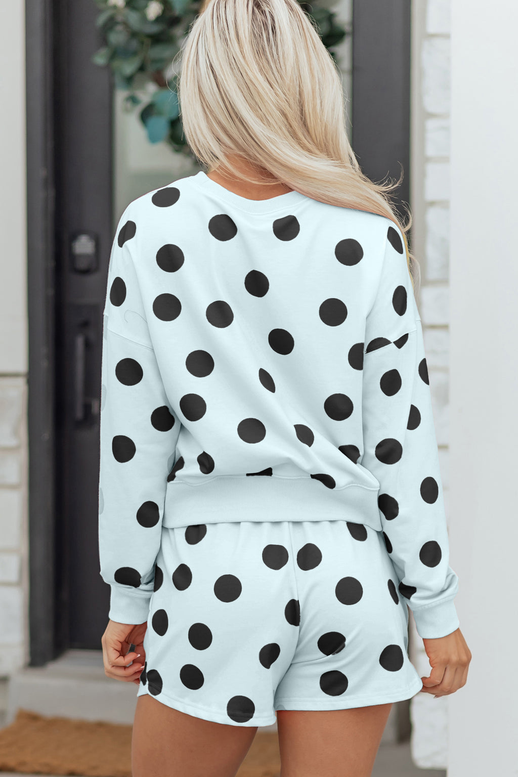 Polka Dot Pullover & Drawstring Short Set - Blue