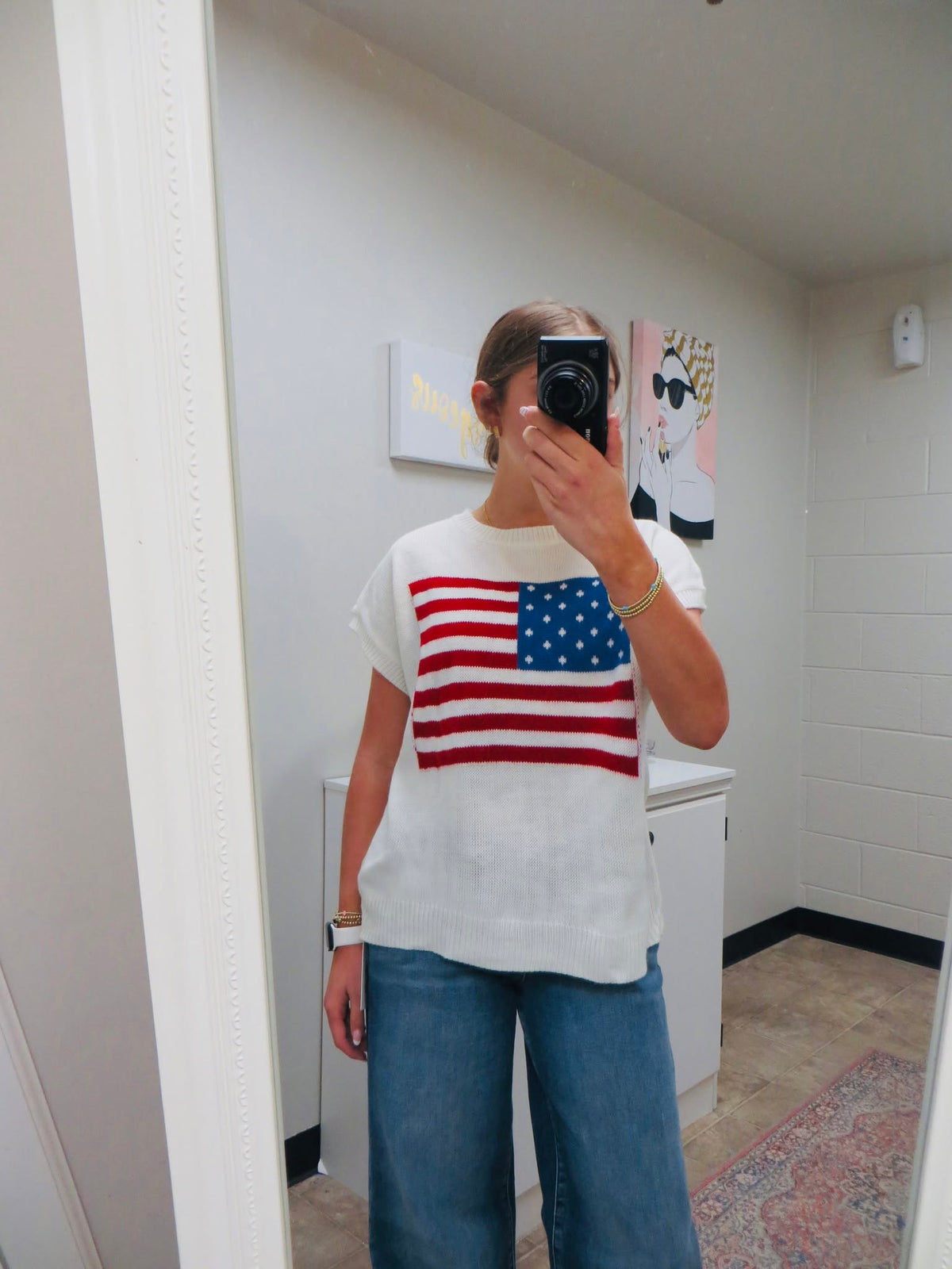 American Flag Knit Cap Sleeve Top