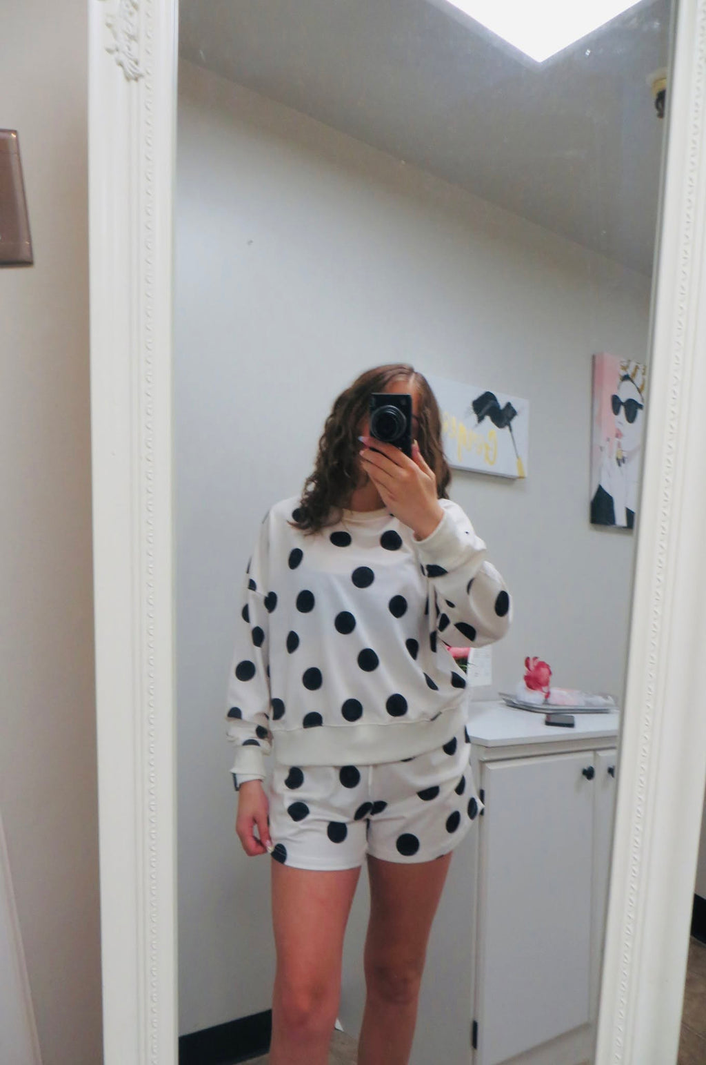 Polka Dot Print V-Neck Tee Short Set - Beige