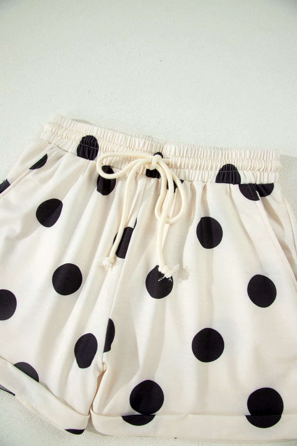 Polka Dot Print V-Neck Tee Short Set - Beige
