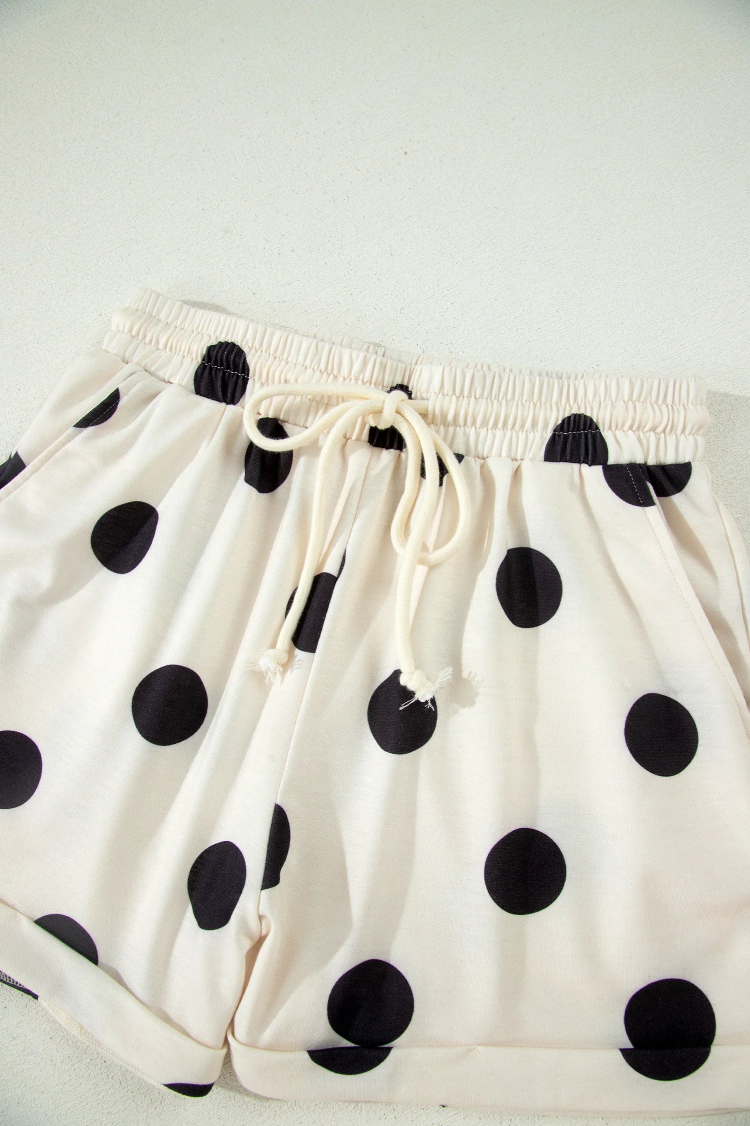 Polka Dot Print V-Neck Tee Short Set - Beige