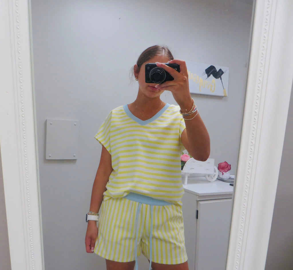 Yellow Striped V-Neck Short Set