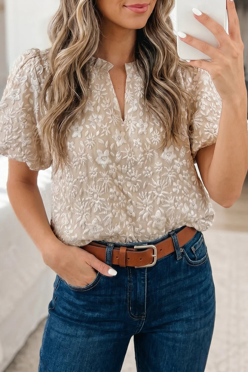 Beige Floral Jacquard Puff Sleeve Blouse