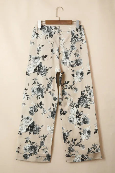 Beige Retro Floral Print Loose Jeans