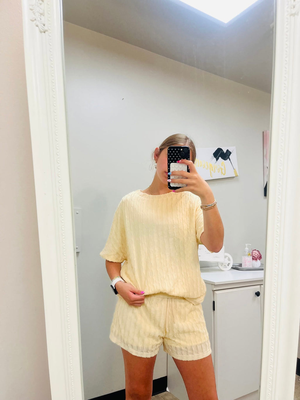 Beige Textured S/S Top and Drawstring Short