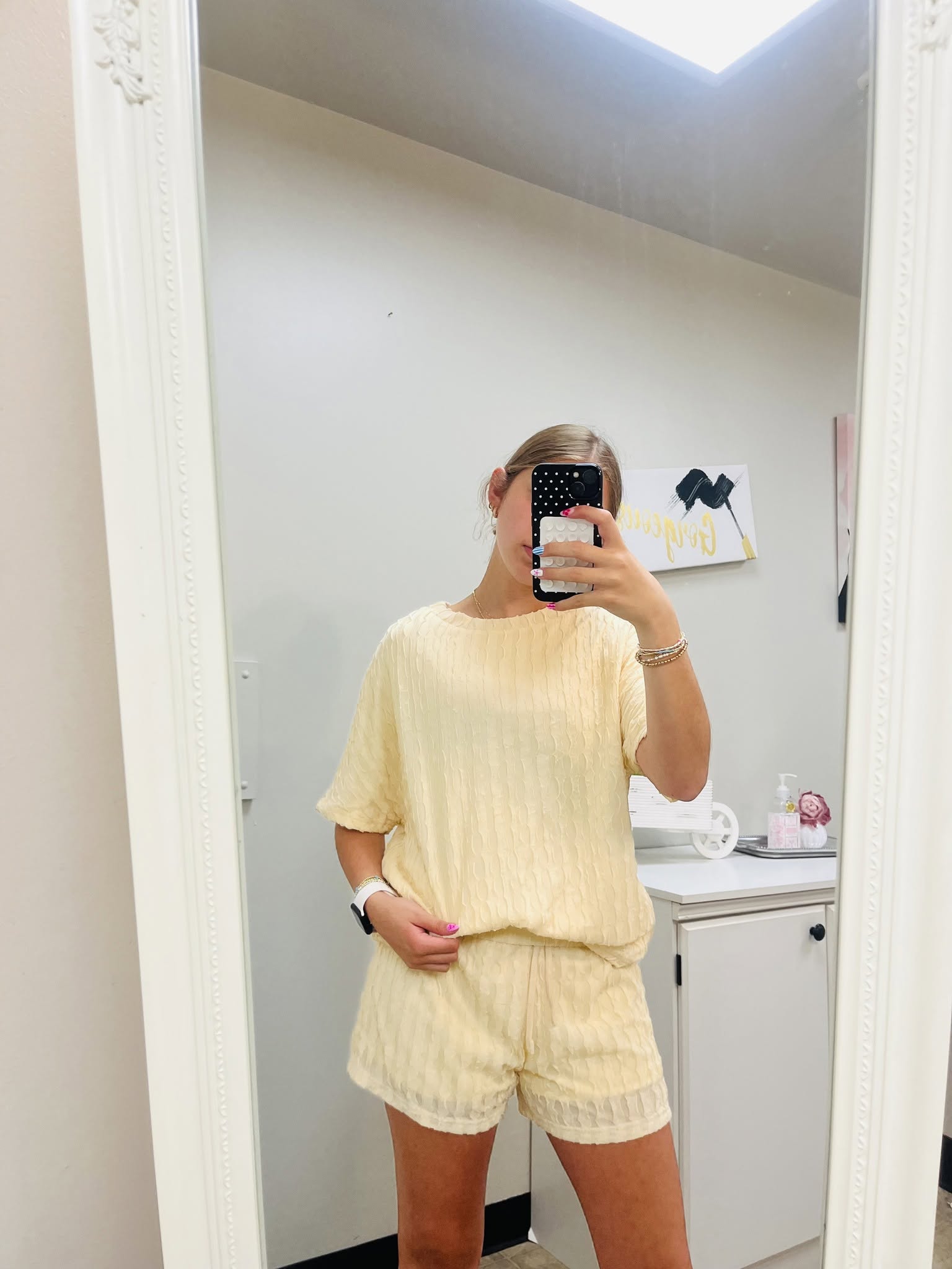 Beige Textured S/S Top and Drawstring Short