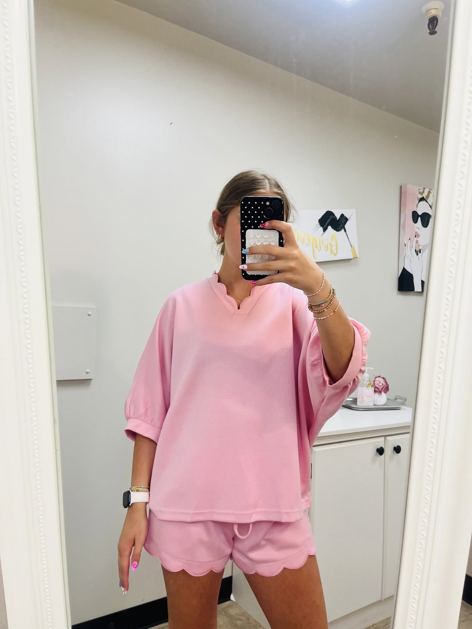 Scalloped V Neck Oversize Top Short Set - Pink