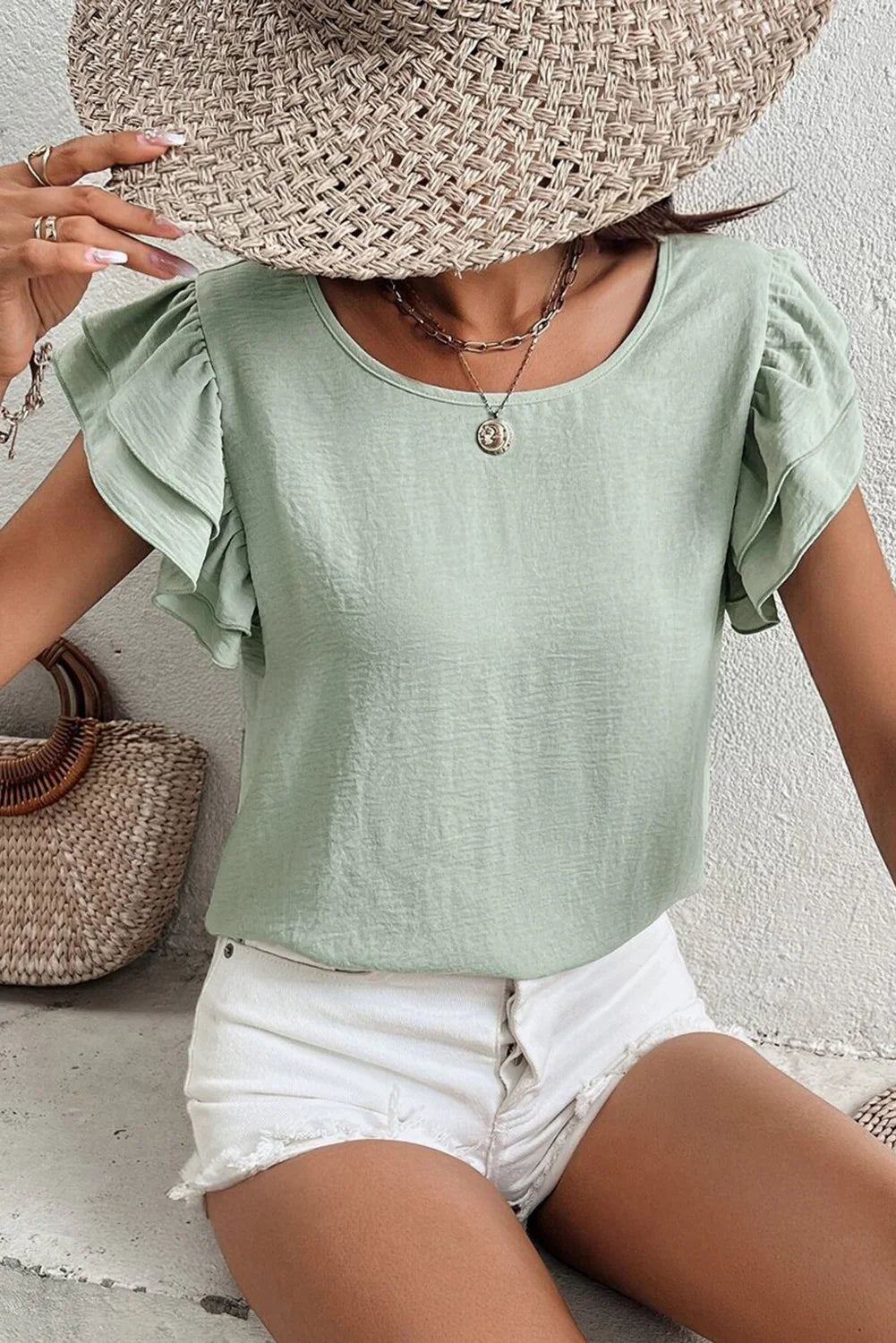 Aqua Ruffled S/S Casual Blouse