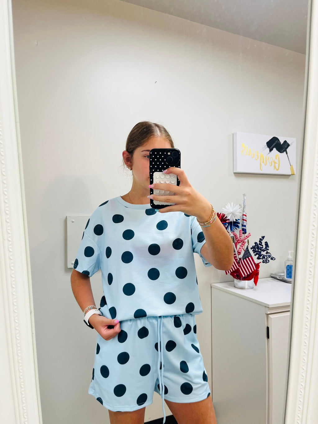 Polka Dot Loose Tee & Drawstring Short Set - Blue