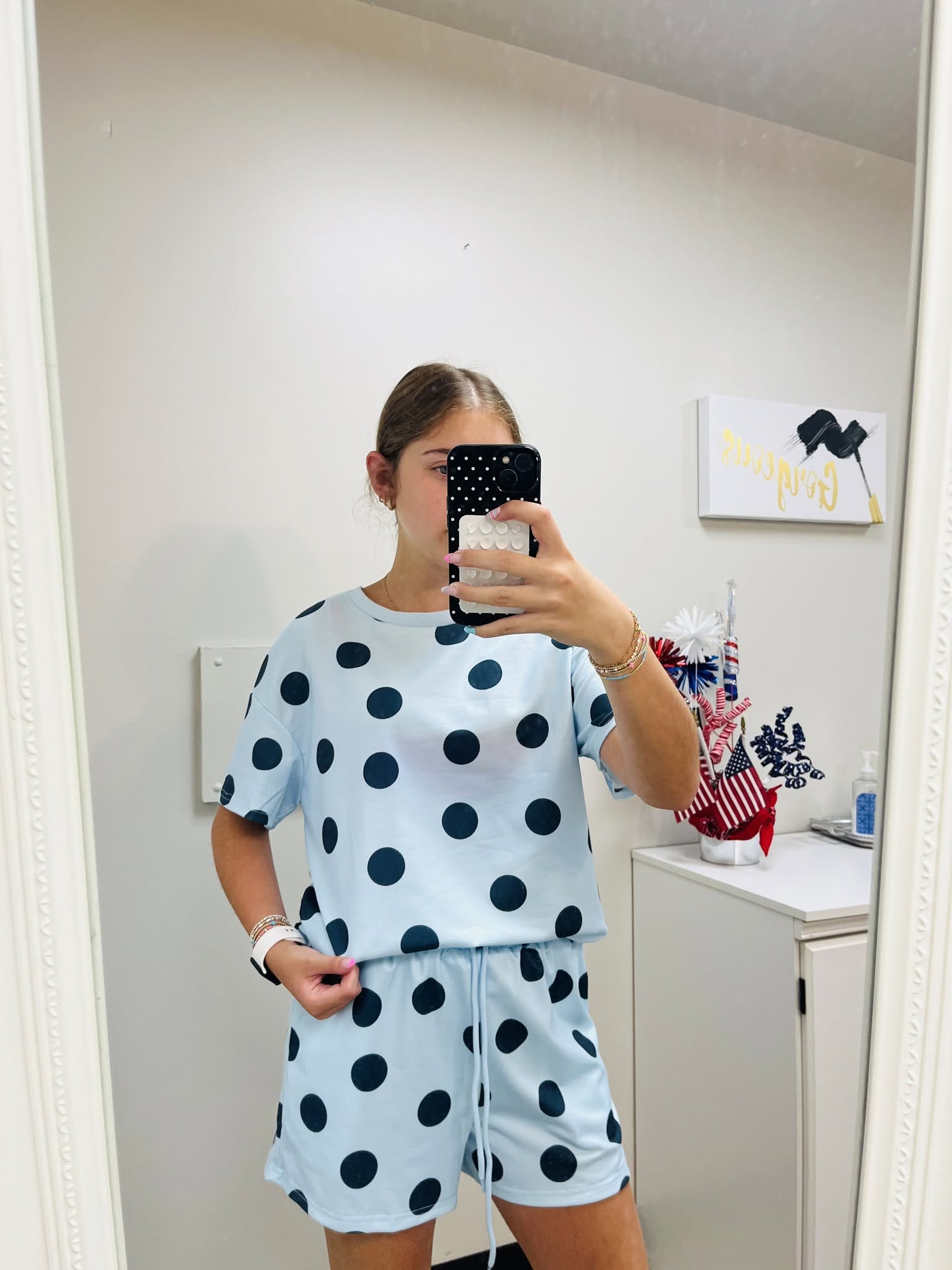 Polka Dot Loose Tee & Drawstring Short Set - Blue