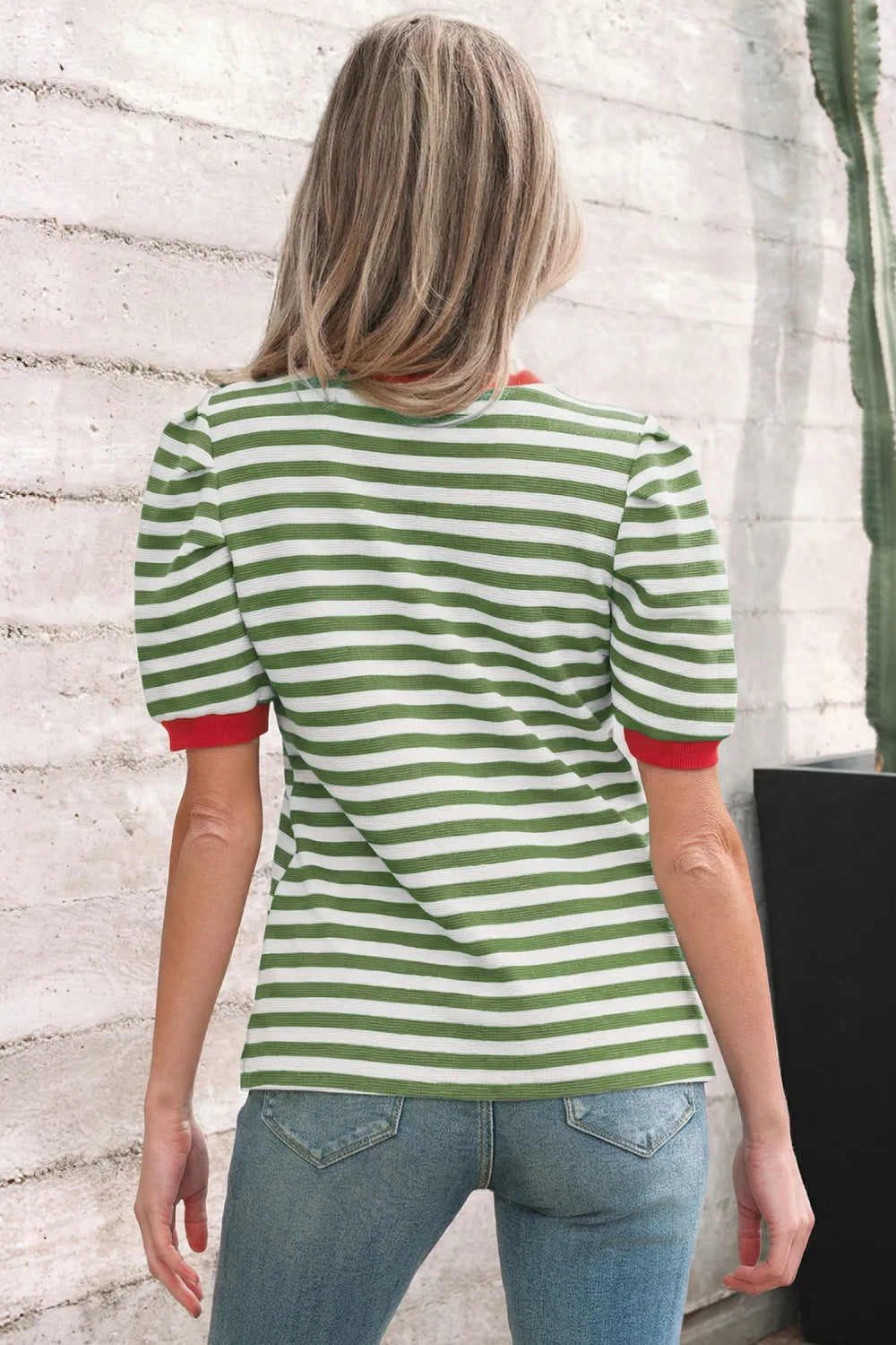 Green Stripe Short Puff Sleeve Round Neck Tee