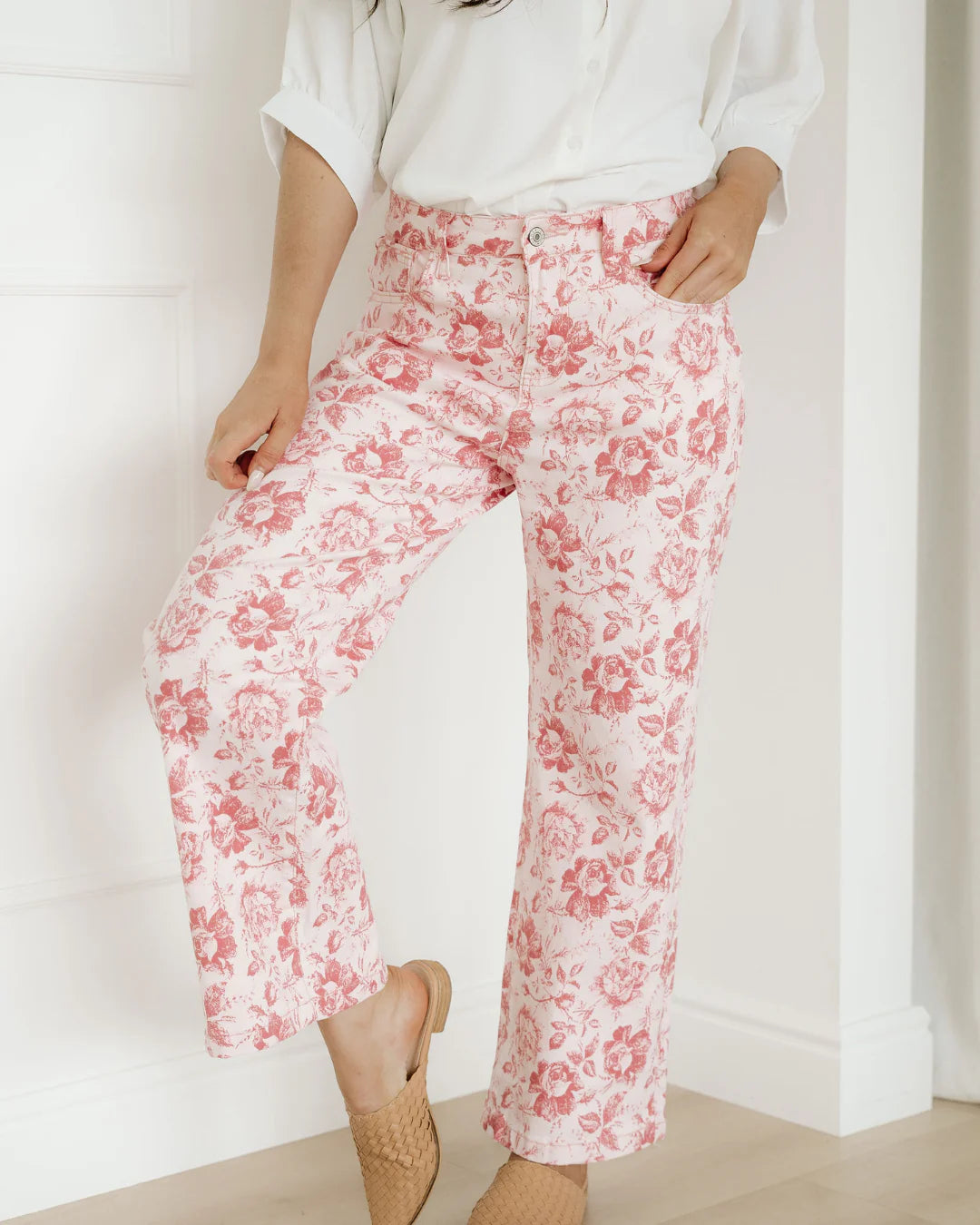 Pink Vintage Floral Print Denim Shift Pants
