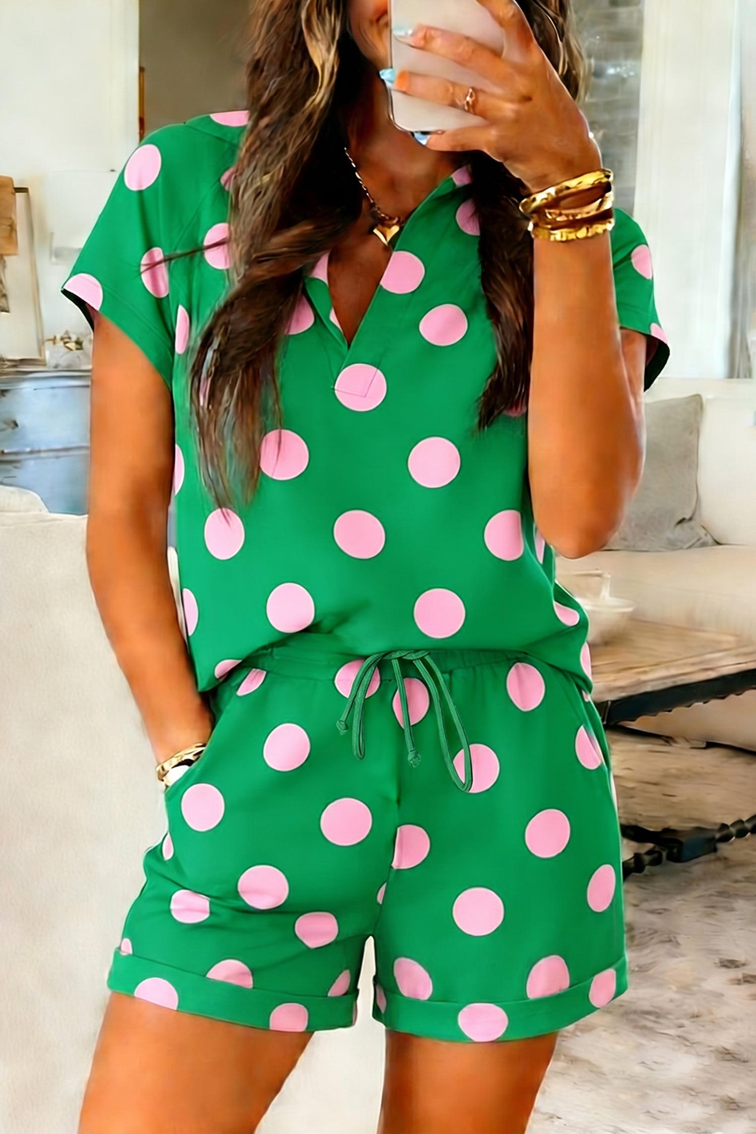 Polka Dot Print V-Neck Tee Short Set - Green