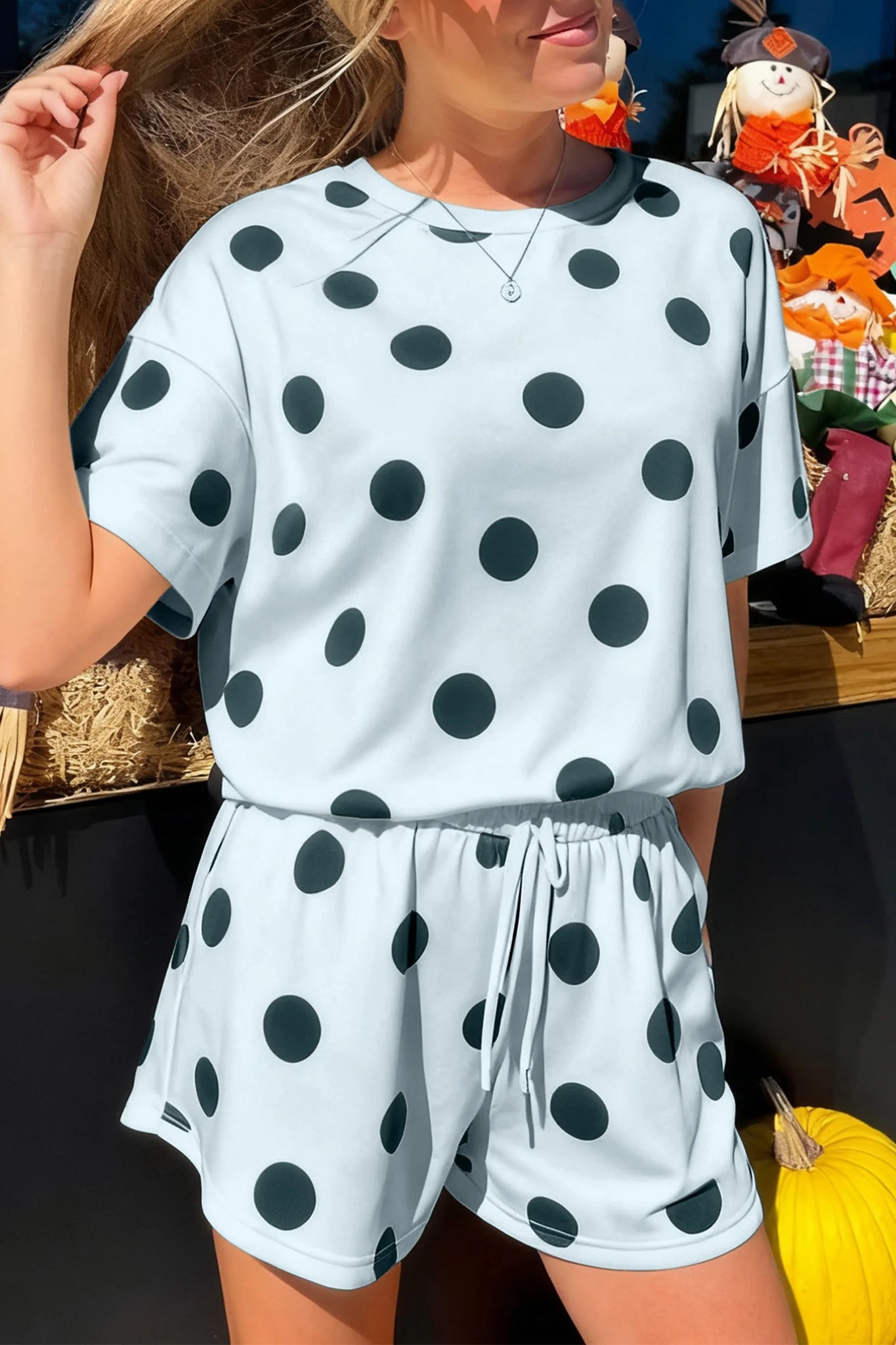 Polka Dot Loose Tee & Drawstring Short Set - Blue
