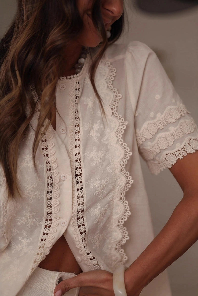Floral Short Sleeve Button-Up Blouse Beige