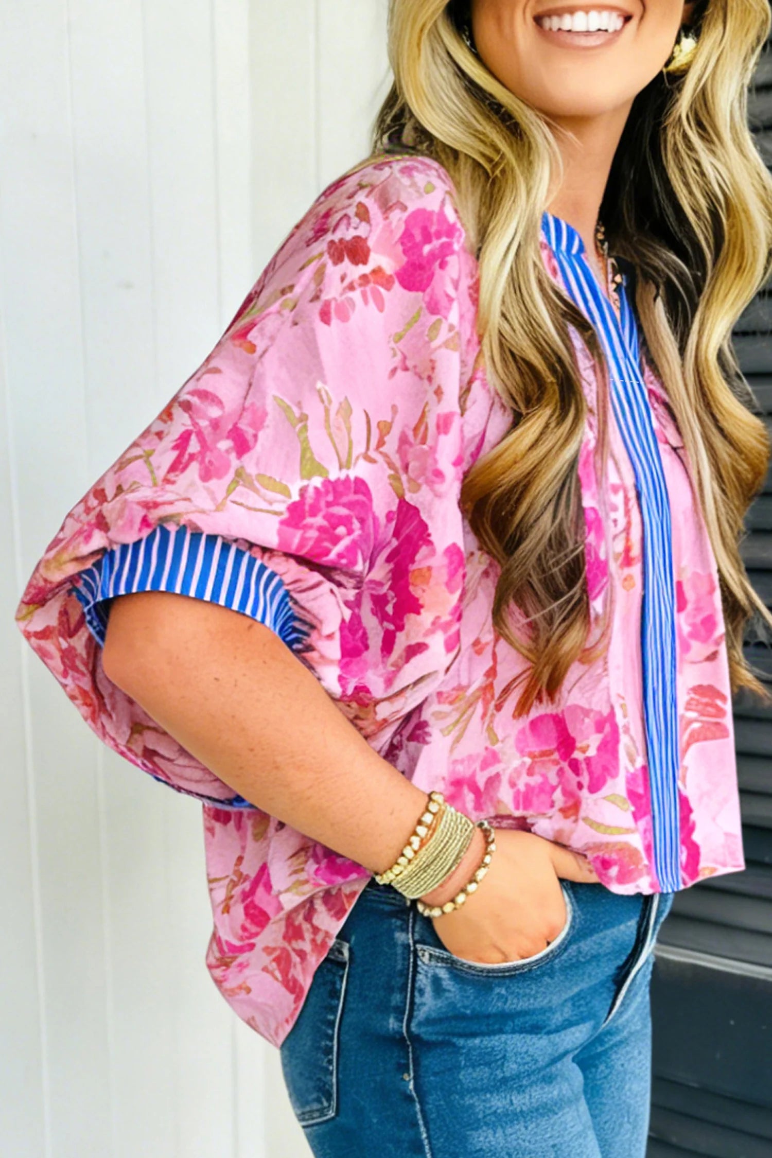 Floral Half Sleeve Striped V Neck