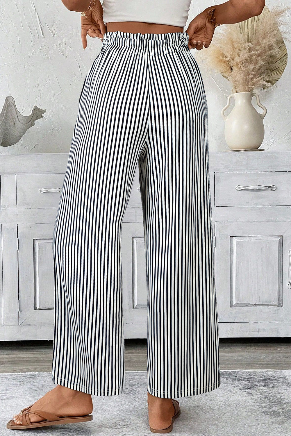 Black Stripe Tied High Waist Casual Pants