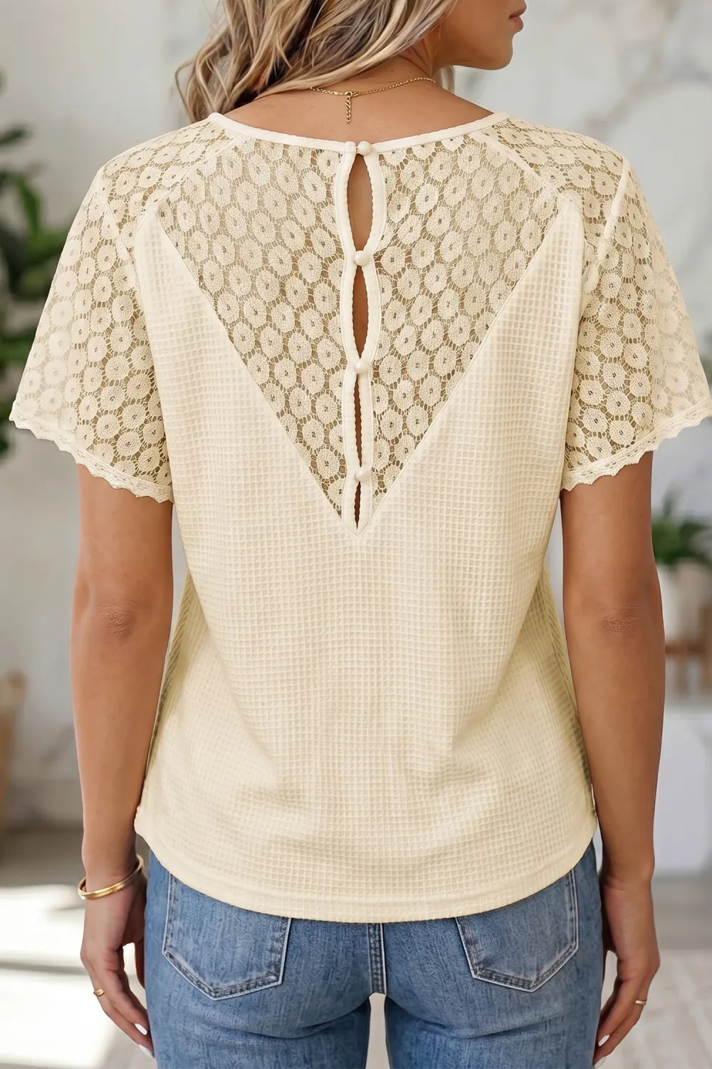 Beige Lace V Neck Waffle Knit Blouse