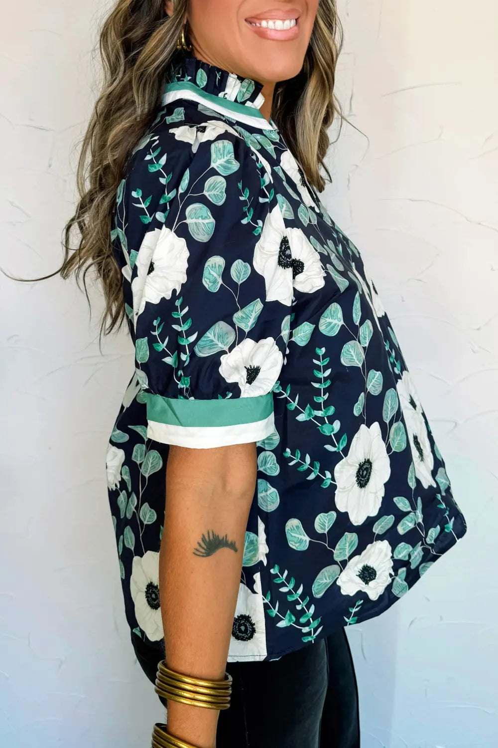 Blue Floral Patchwork V Neck S/S Blouse