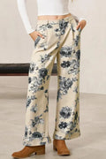 Beige Retro Floral Print Loose Jeans