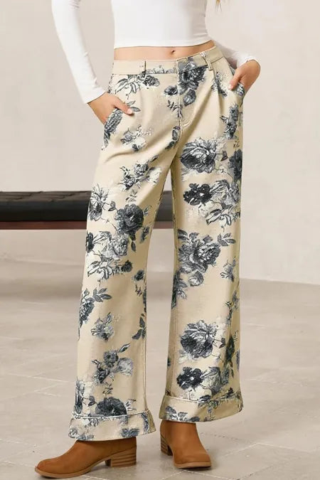 Beige Retro Floral Print Loose Jeans