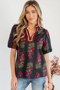 Black Floral Short Bubble Sleeve Contrast Slit Neckline