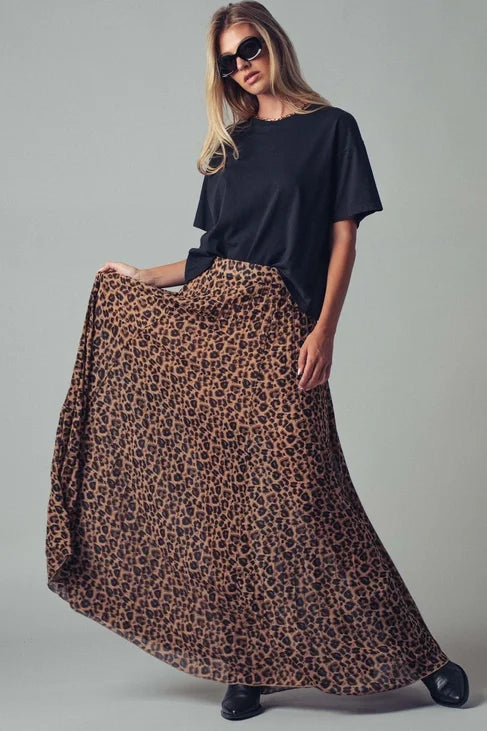 Leopard Print Pleated A-Line Midi Skirt