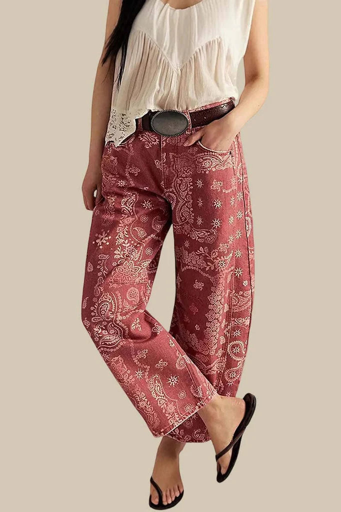 Vintage Paisley Print Jeans - Red