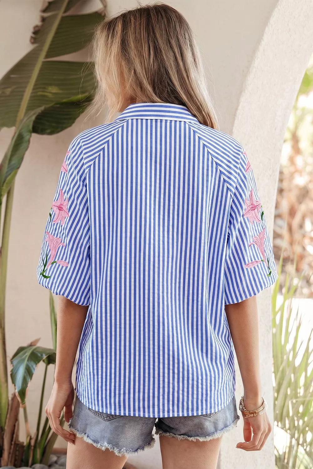 Blue Embroidered Puff Sleeve Shirt