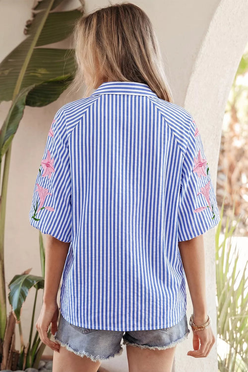 Blue Embroidered Puff Sleeve Shirt