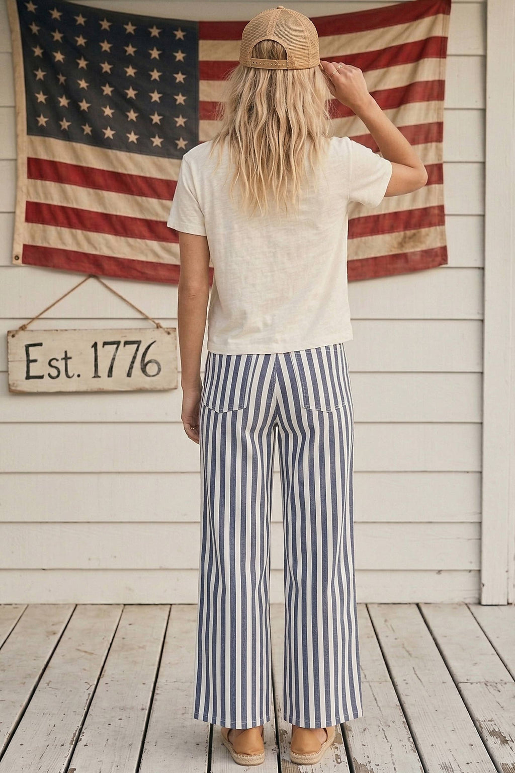 Striped Non-Stretch Wide Leg Denim Pants