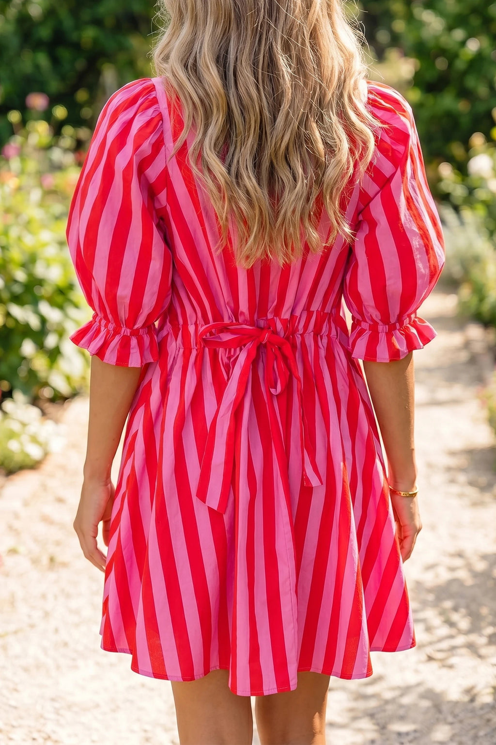 Red Stripe Puff Sleeve Loose Mini Dress